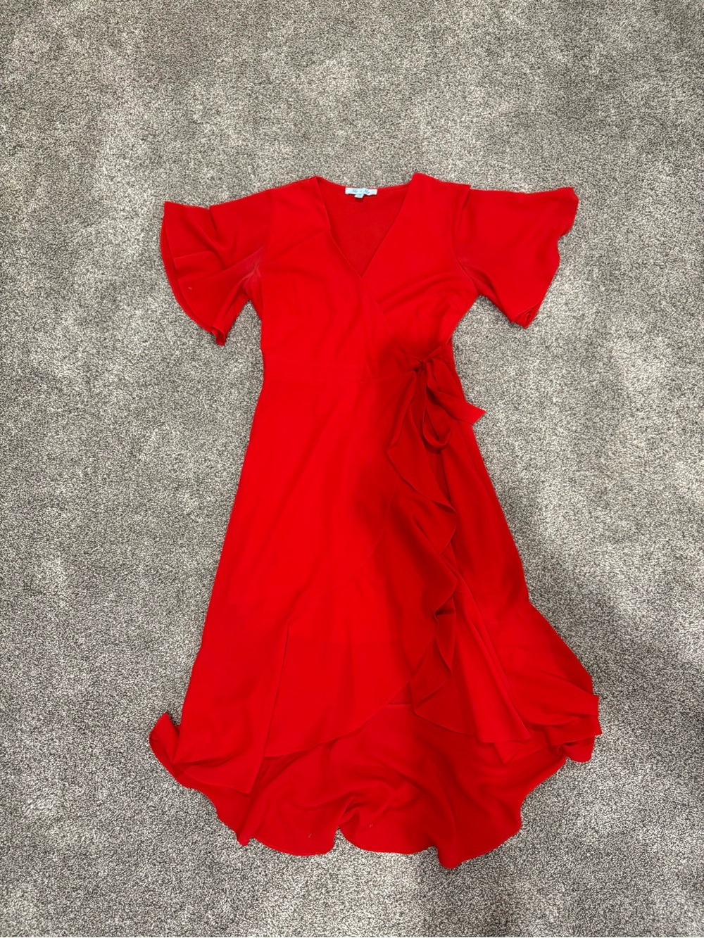 She + Sky Red High-Low Wrap Dress with Flutter Sleeves